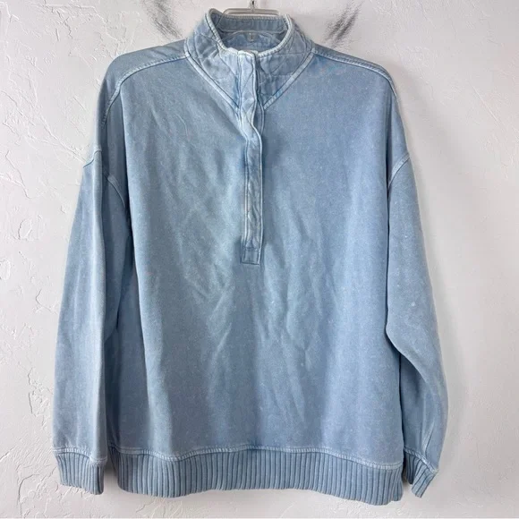 Aerie Oh Snap Sweatshirt Sweater Pullover Knit Top Henley Cloud Wash Blue Fleece - Picture 1 of 8